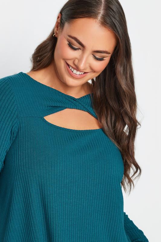YOURS Plus Size Teal Blue Twisted Front Ribbed Top | Yours Clothing 4