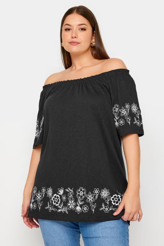  Grande Taille YOURS Curve Black Embroidered Detail Bardot Top