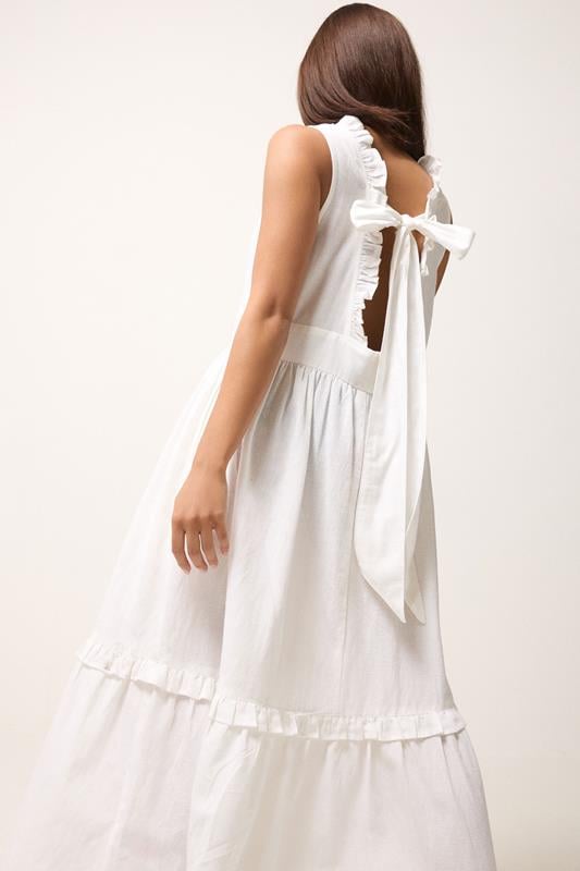 PixieGirl Petite Women's White Ruffle Tie Back Midi Dress | PixieGirl 6