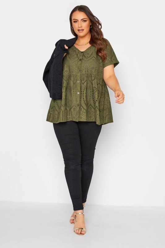 Curve Khaki Green Broderie Anglaise Lace Peplum Top 2