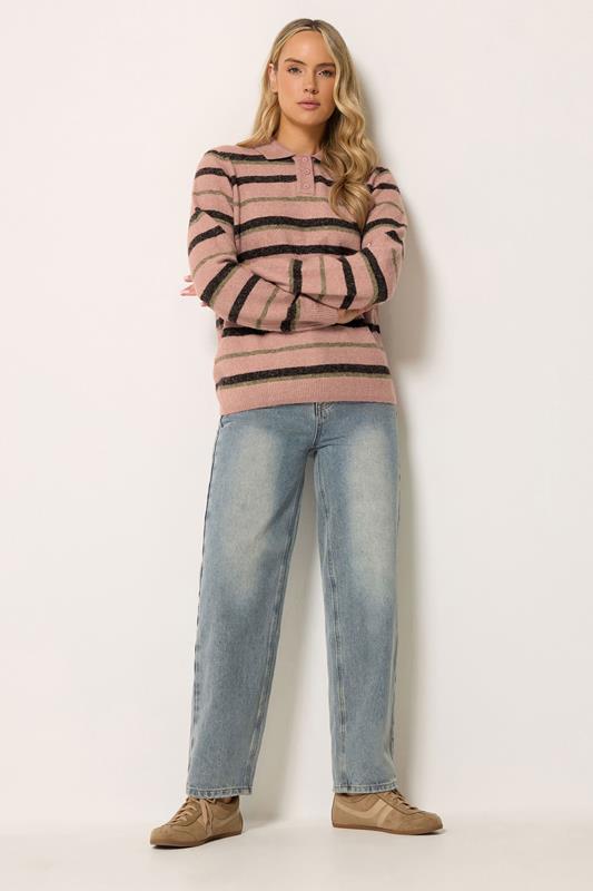 LTS Tall Women's Pink Stripe Knitted Polo Jumper | Long Tall Sally 1
