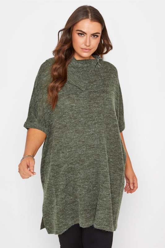 Plus Size Curve Green Asymmetric Zip Neck Knitted Jumper | Yours Clothing 1