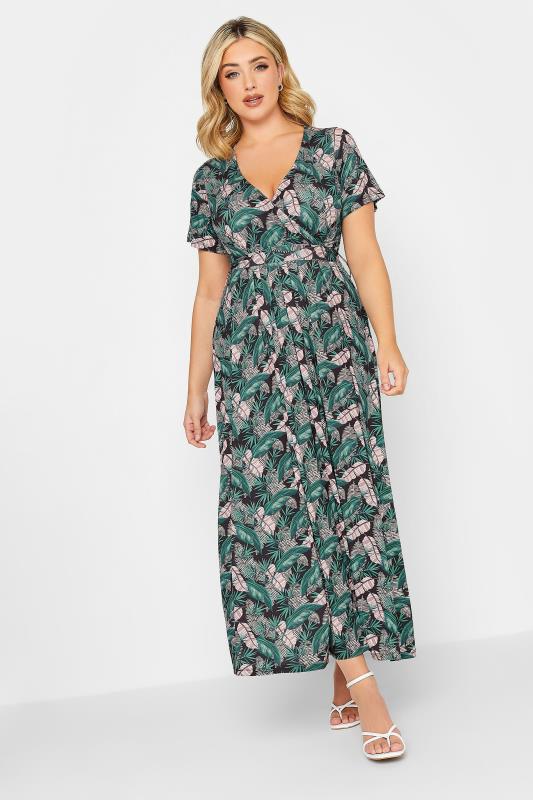 YOURS Curve Plus Size Black Leaf Print Maxi Wrap Dress | Yours Clothing  2