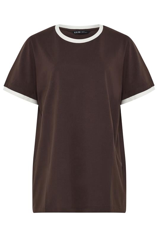 YOURS Plus Size Chocolate Brown Contrast Trim T-Shirt | Yours Clothing 6