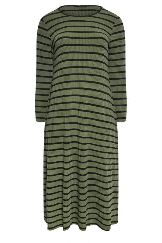 YOURS Curve Plus Size Khaki Green Stripe Ribbed Maxi Swing Dress | Yours Clothing  7