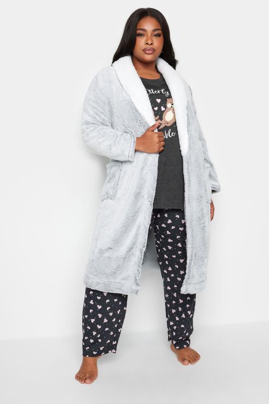 YOURS Plus Size Charcoal Grey 'Otterly Adorable' Heart Print Pyjama Set | Yours Clothing 2