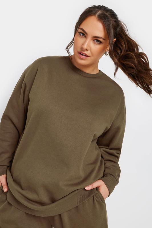 YOURS Plus Size Mocha Brown Long Sleeve Crew Neck Sweatshirt | Yours Clothing  2