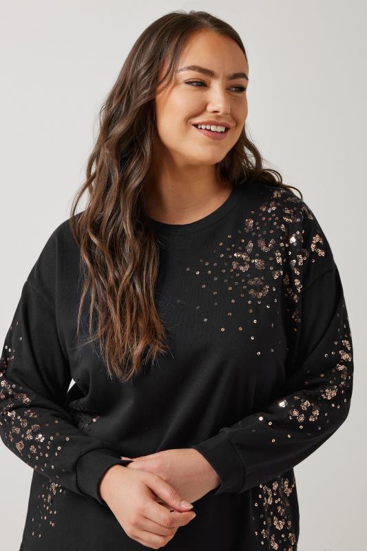 EVANS Plus Size Black & Bronze Leopard Sequin Embellished Sweatshirt | Evans 1