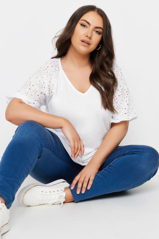 YOURS Plus Size White Broderie Anglaise Sleeve T-Shirt | Yours Clothing 1