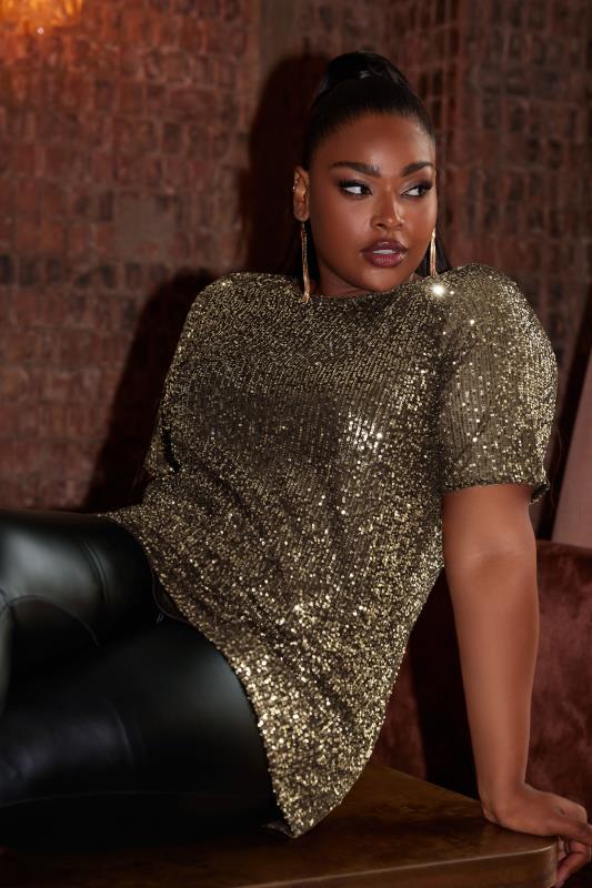 Plus Size  YOURS LONDON Curve Gold Sequin Swing Top