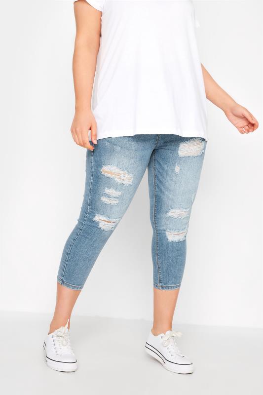 Plus Size Denim Crops YOURS FOR GOOD Curve Light Blue Extreme Distressed Cropped JENNY Jeggings