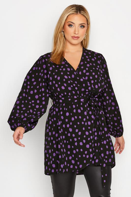 Plus Size Black & Purple Dalmatian Print Balloon Sleeve Wrap Top | Yours Clothing 1