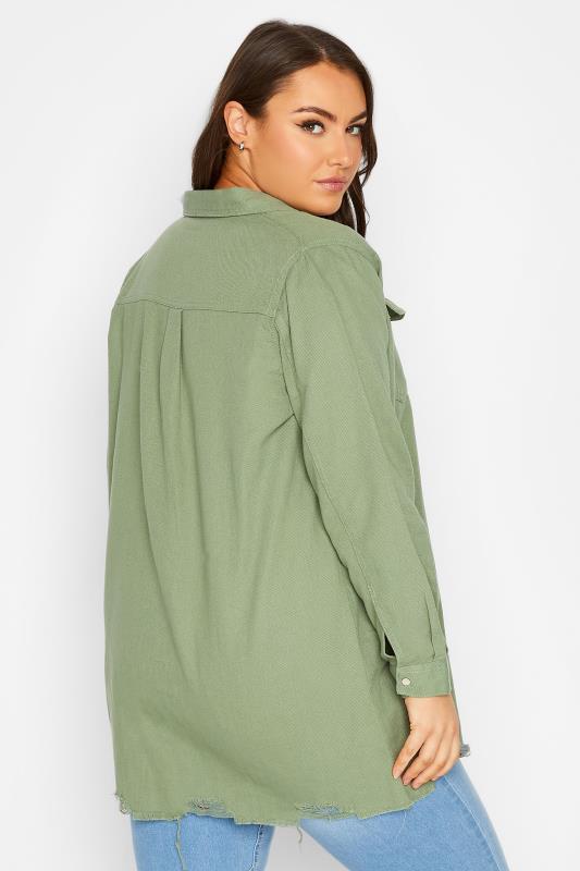 Plus Size Khaki Green Distressed Denim Shirt | Yours Clothing  3