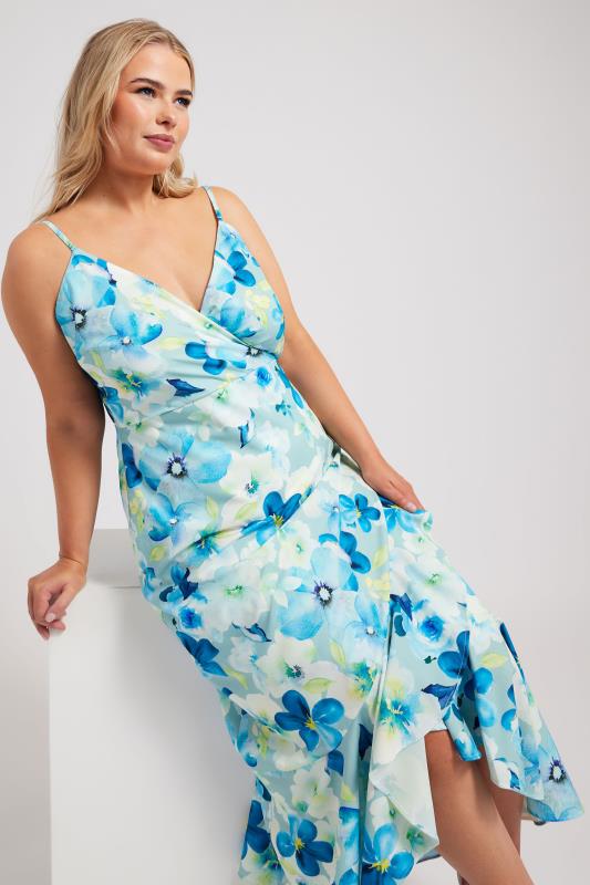 YOURS LONDON Plus Size Blue Floral Print Ruffle Wrap Dress | Yours Clothing 1