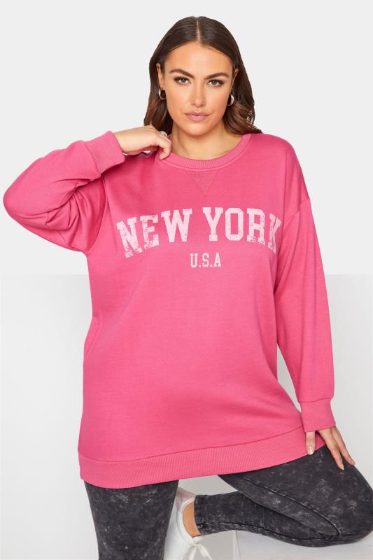 Curve Hot Pink 'New York' Slogan Sweatshirt 1