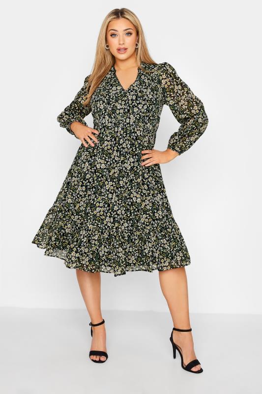 YOURS LONDON Plus Size Black Ditsy Print Smock Dress | Yours Clothing  1