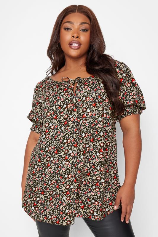 YOURS Plus Size Black Floral Print Puff Sleeve Gypsy Top | Yours Clothing 1