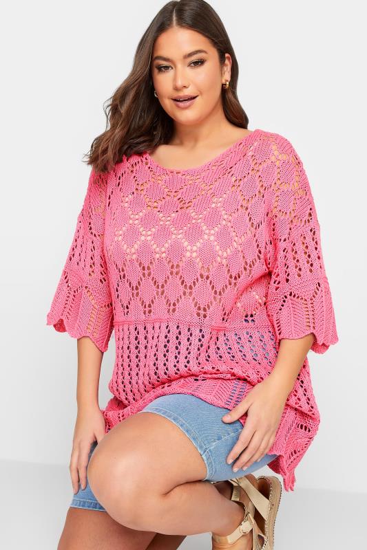 YOURS Plus Size Curve Pink Crochet Jumper | Yours Clothing  5