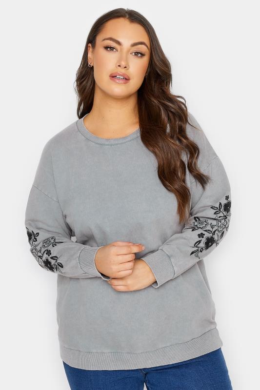 Plus Size Grey Embroidered Floral Print Sleeve Sweatshirt | Yours Clothing 1