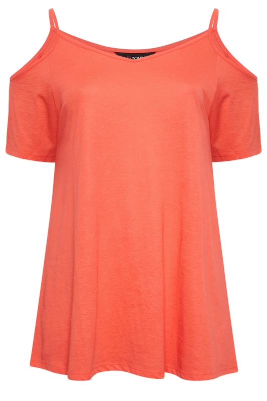YOURS Plus Size Curve Coral Orange Cold Shoulder T-Shirt | Yours Clothing  6
