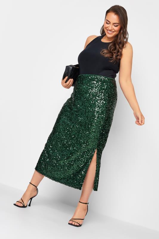 YOURS LONDON Plus Size Green Sequin Embellished Maxi Tube Skirt | Yours Clothing 2