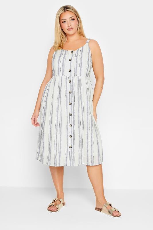 Plus Size  YOURS Curve White Stripe Button Lined Strappy Sundress