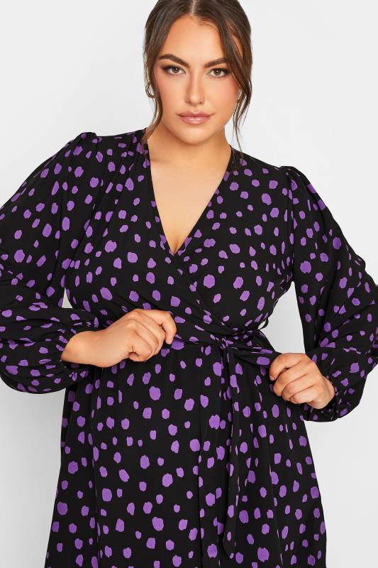 Plus Size Black & Purple Dalmatian Print Balloon Sleeve Wrap Top | Yours Clothing 4
