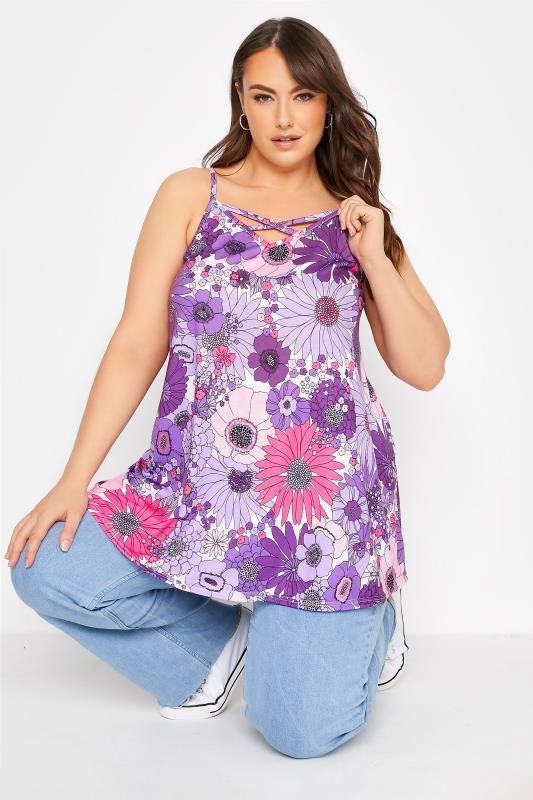 Plus Size  LIMITED COLLECTION Curve Purple Retro Floral Strappy Cami Top