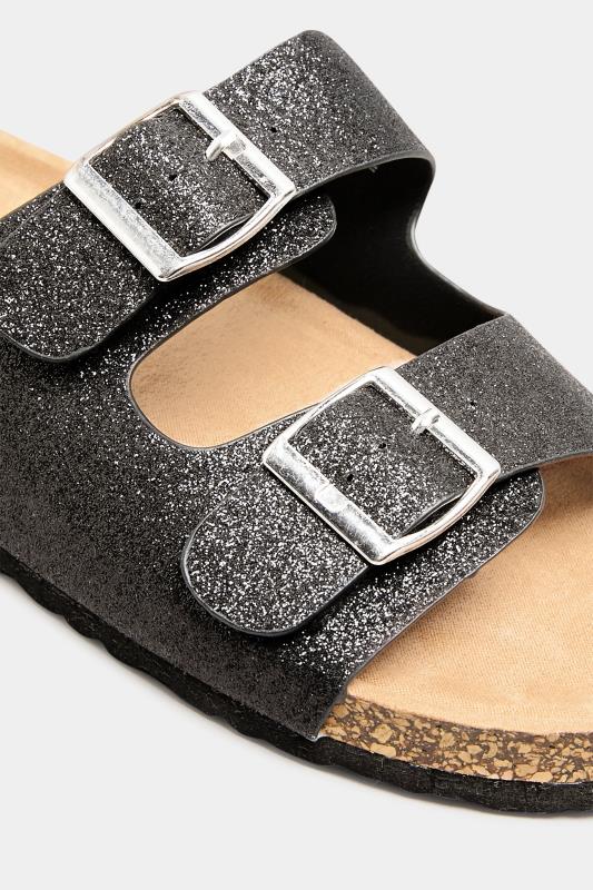 Black Glitter Buckle Strap Footbed Sandals In Extra Wide EEE Fit | Yours Clothing  6