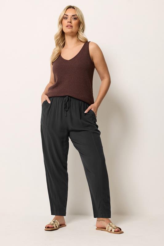 YOURS Plus Size Black Chambray Barrel Trousers | Yours Clothing 1