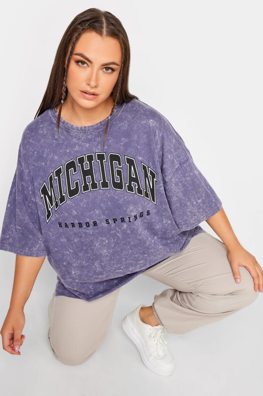 YOURS Plus Size Purple 'Michigan' Slogan Acid Wash Oversized Boxy T-Shirt | Yours Clothing  4
