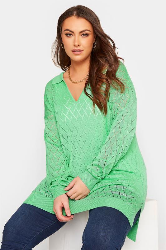 Curve Green Pointelle Pattern Knitted Jumper 1