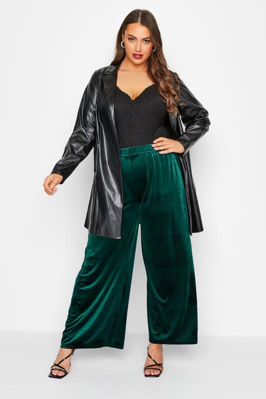 Plus Size Green Wide Leg Velvet Trousers | Yours Clothing 2