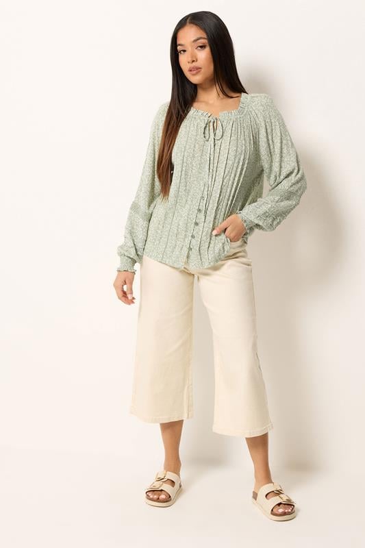 M&Co Petite Sage Green Floral Trim Detail Tie Neck Blouse | M&Co 1