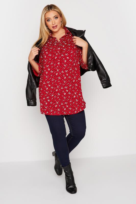 Curve Red Floral Half Placket Shirt | Yours Clothing 2