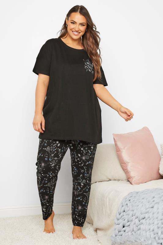 Curve Black 'Need My Space' Galaxy Print Pyjama Set | Yours Clothing 2
