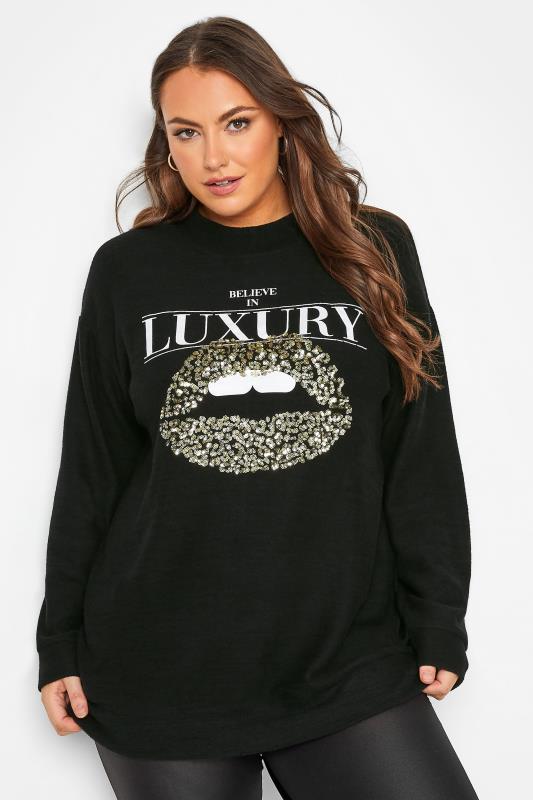 Plus Size  YOURS Curve Black & Gold Glitter Lips Print 'Believe In Luxury' Slogan Soft Touch Top