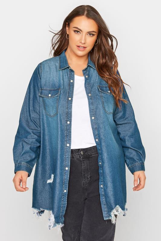 Plus Size Blue Distressed Denim Shirt | Yours Clothing  1