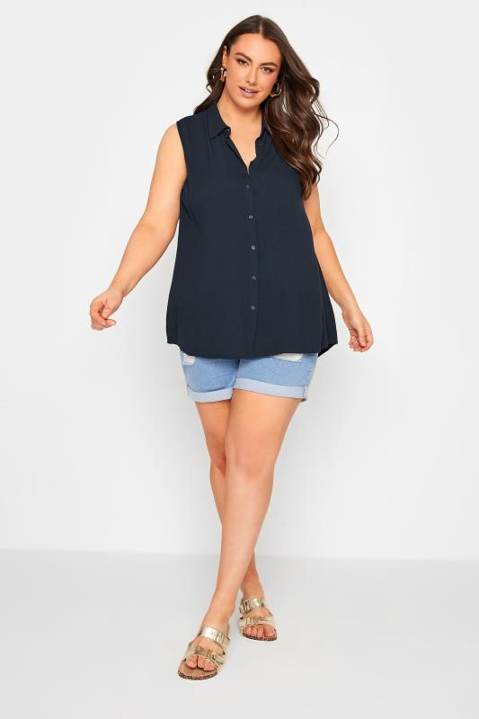 YOURS Plus Size Navy Blue Dipped Hem Sleeveless Blouse | Yours Clothing 2