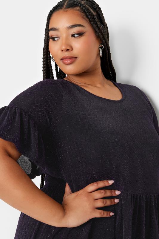 YOURS Curve Plus Size Black & Purple Glitter Frill Sleeve Tunic Dress | Yours Clothing  4