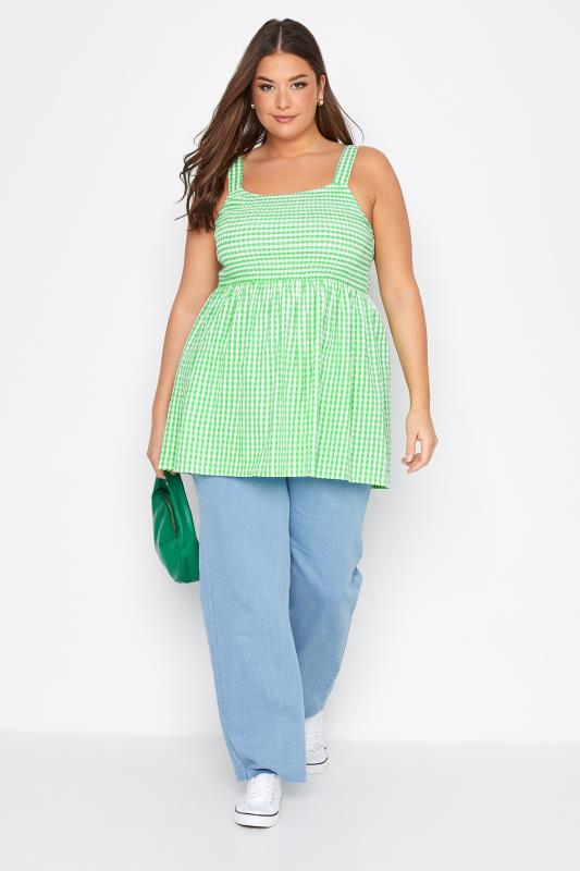Plus Size Bright Green Gingham Shirred Vest Top | Yours Clothing  2