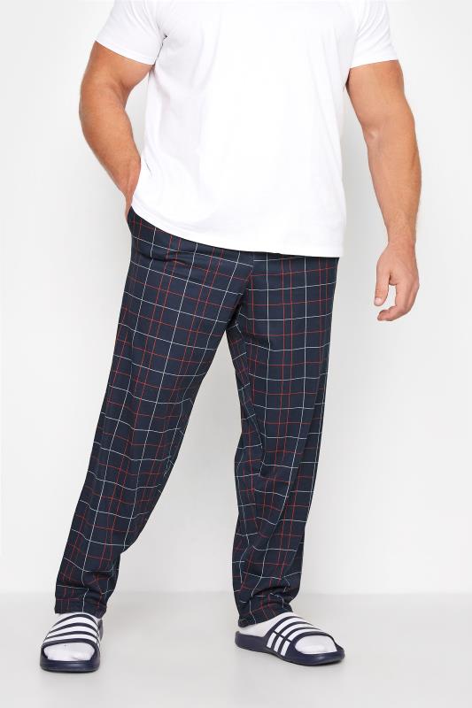ED BAXTER Big & Tall Navy Blue Check Lounge Trousers 1