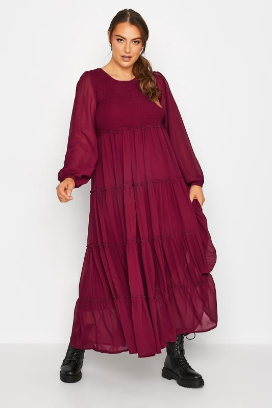 LIMITED COLLECTION Curve Burgundy Red Tierred Chiffon Dress 1