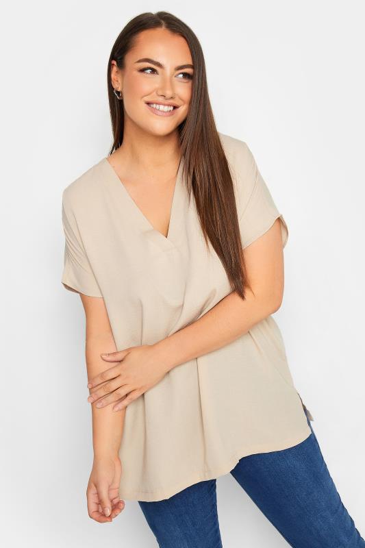 Yours Curve Plus Size Beige Brown V-Neck Shirt | Yours Clothing  2