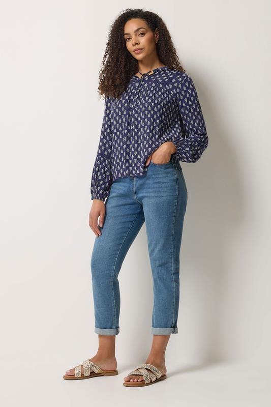 M&Co Navy Blue Aztec Tie Neck Blouse | M&Co 1