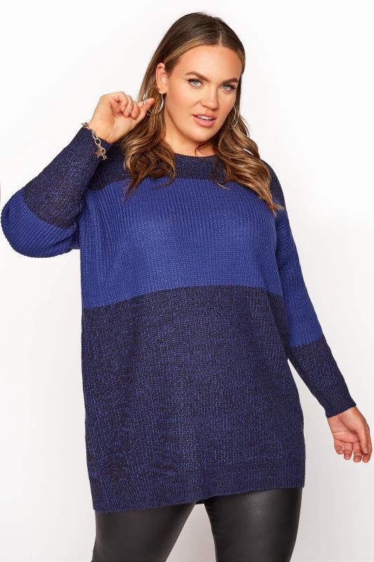 Plus Size  Blue Colour Block Knitted Jumper