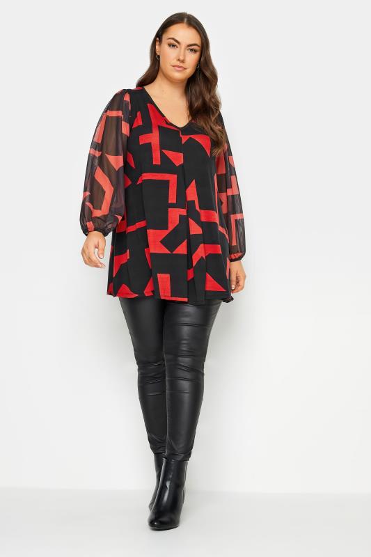 YOURS Plus Size Black Geometric Print Pleated Top | Yours Clothing 2