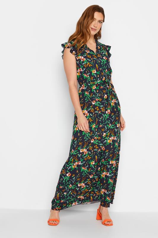 LTS Tall Women's Navy Blue Floral Print Frill Sleeve Maxi Dress | Long Tall Sally 2