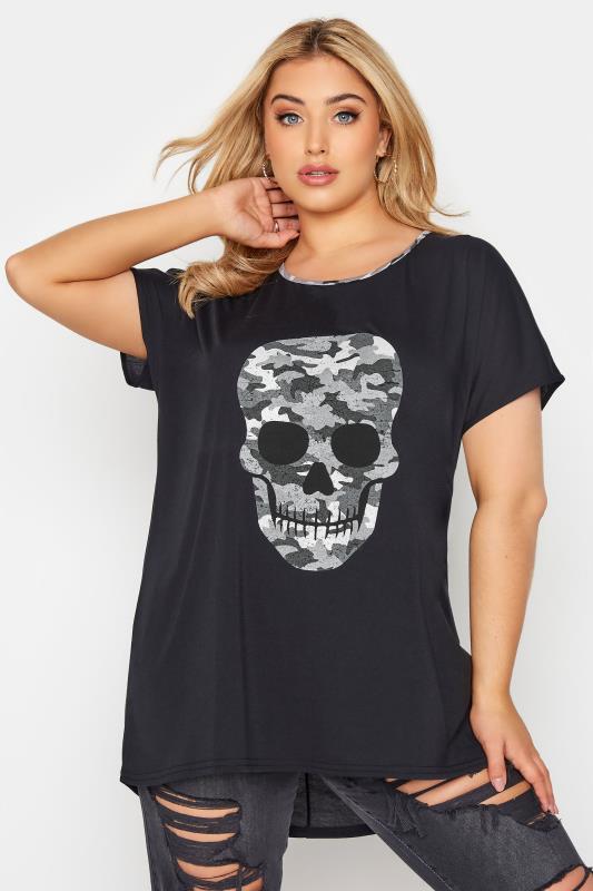 Großen Größen  Black Camo Skull Print T-Shirt