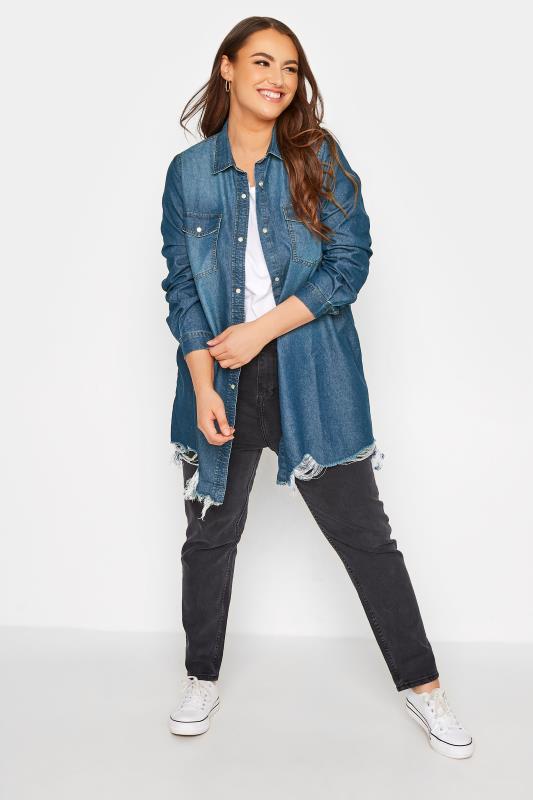 Plus Size Blue Distressed Denim Shirt | Yours Clothing  2